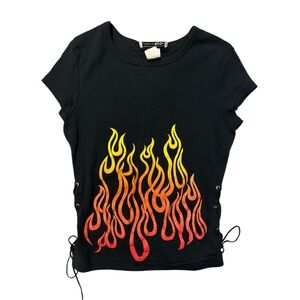 Vintage Self Esteem T shirt lace up Wmns Juniors M Black flames Glitter 90s Y2K